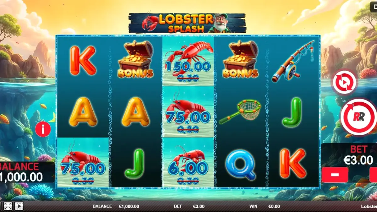 Interface do jogo Lobster Splash com pescador e lagostas