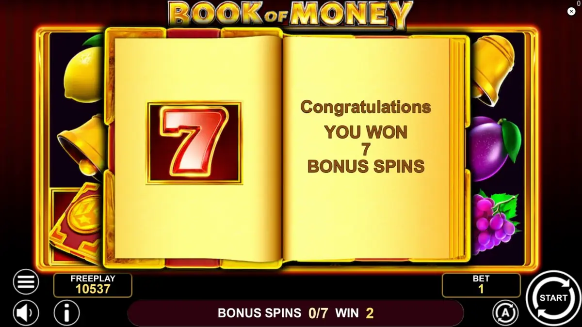 Interface do slot Book of Money com símbolos de frutas e livros sagrados